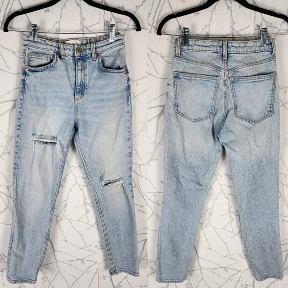 Zara Light Wash Rigid Denim High Rise Ripped Tapered Leg Jeans - Picture 1 of 5